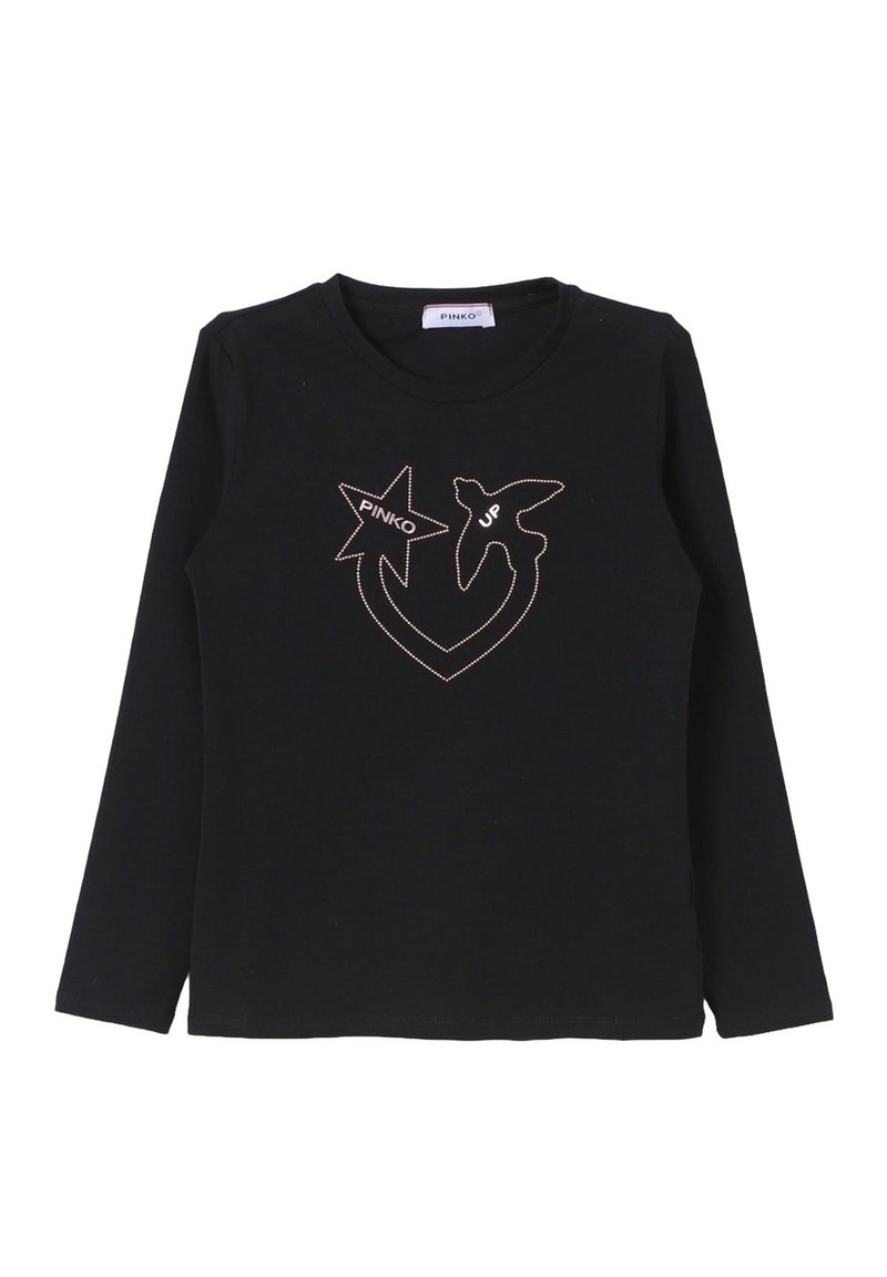 Maglietta nera a maniche lunghe con un design di una stella e un uccello contornato da punti, contenente le parole "PINKO" e "UP" sul petto.