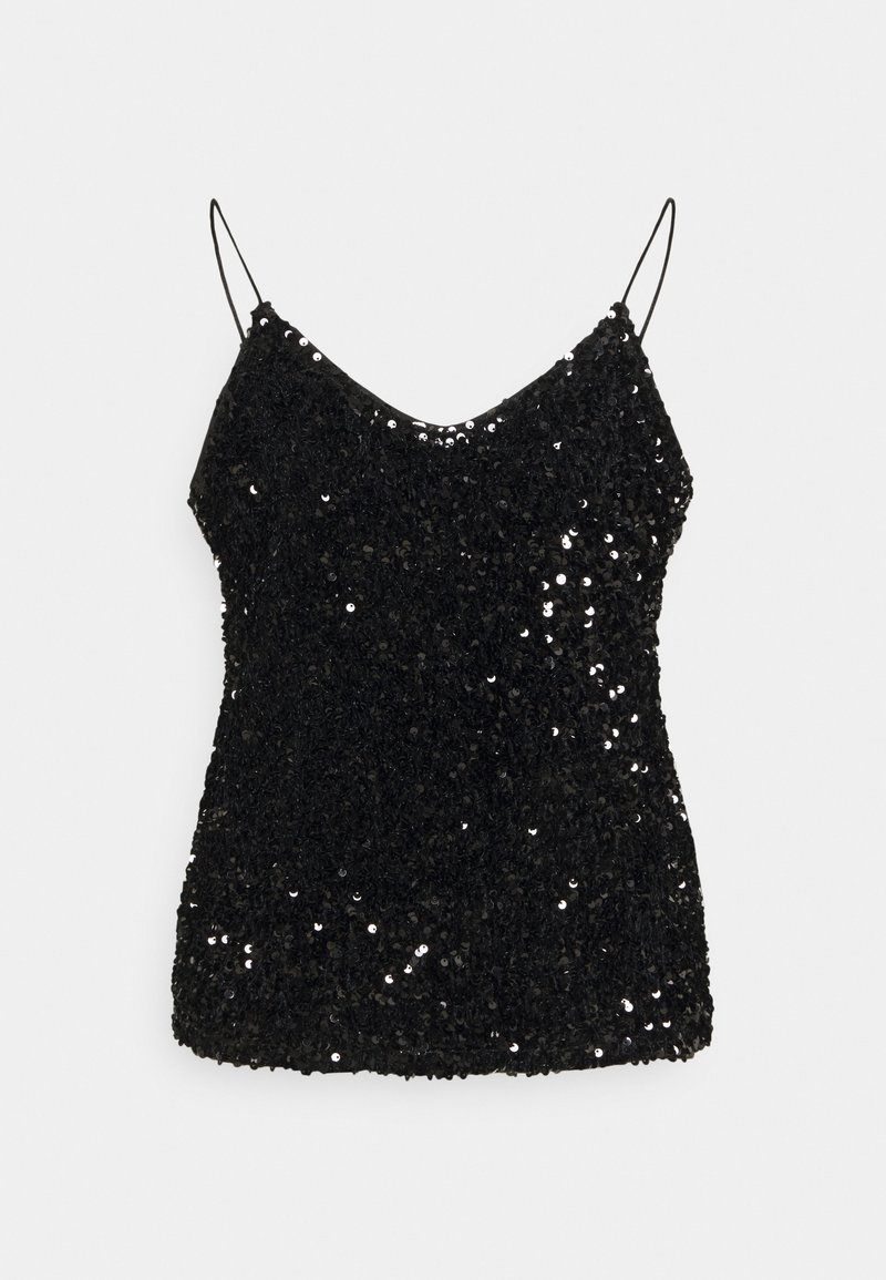 Czarna, cekinowa bluzka na ramiączkach z cienkimi, regulowanymi paskami, o miękkiej, teksturowanej powierzchni i dopasowanej sylwetce.