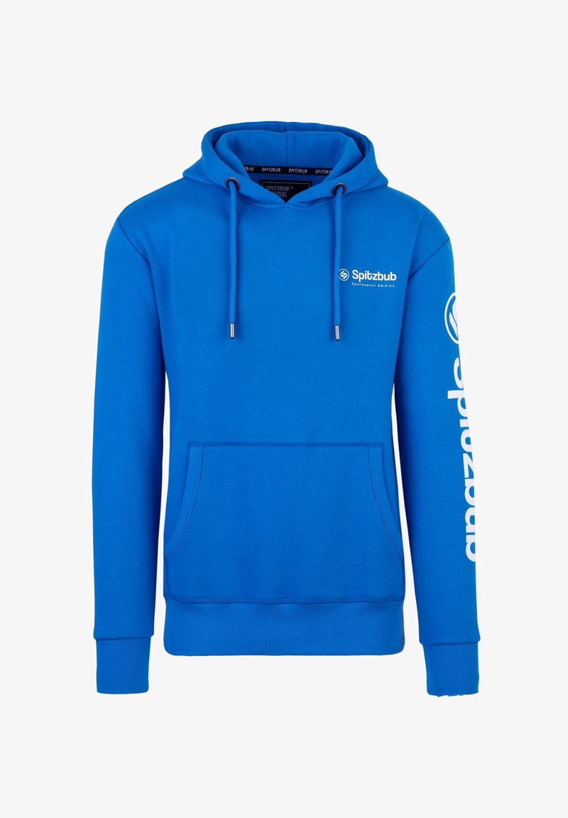 Sweat à capuche bleu vif avec poche avant, cordons, petit logo blanc « Spitzbub » sur la poitrine et grand texte « Spitzbub » sur la manche droite.