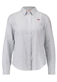 Camicia a maniche lunghe a righe blu e bianche, in cotone, con colletto alla francese, taglio classico, dotata di un piccolo logo rosso sul petto.