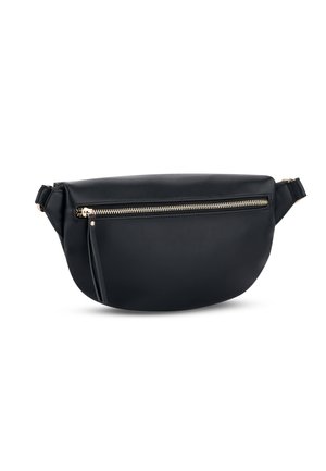 Musta nahkainen vyölaukku kullanvärisellä vetoketjulla ja säädettävällä hihnalla, valkoista taustaa vasten esitettynä.