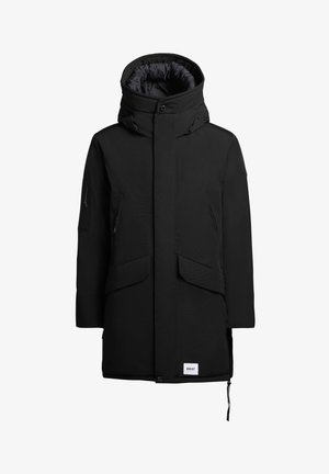 Black parka jacket featuring a high collar, zippered chest pockets, large side pockets, and a textured fabric with a logo patch.