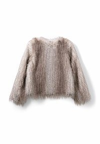 Lažna krznena jakna skraćena u svijetloj bež boji s vertikalnim prugama i teksturiranom površinom. Ima duge rukave i okrugli izrez.