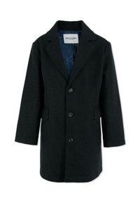 Cappotto di lana scuro con revers a punta, chiusura a bottoni a un solo petto, due tasche laterali e foderato con un motivo blu.