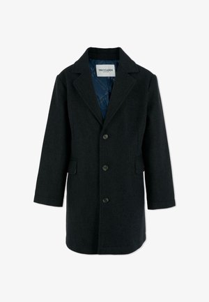 Cappotto di lana scuro con revers a punta, chiusura a bottoni a un solo petto, due tasche laterali e foderato con un motivo blu.