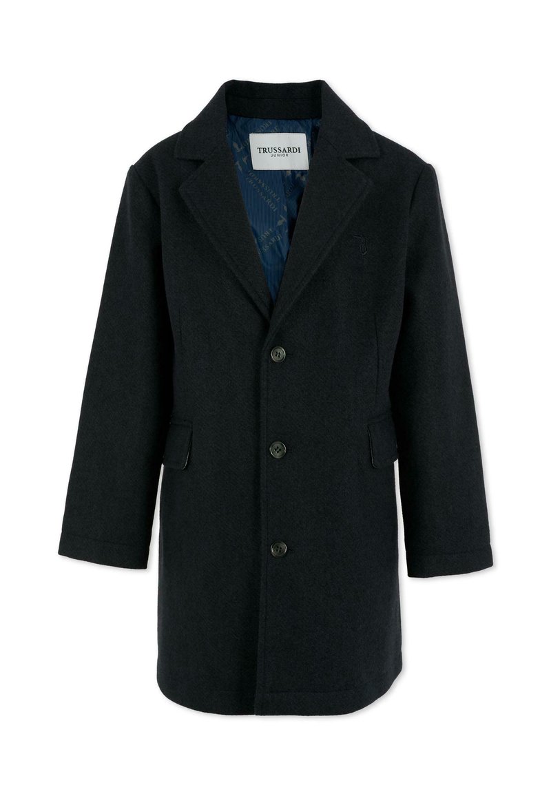 Cappotto di lana scuro con revers a punta, chiusura a bottoni a un solo petto, due tasche laterali e foderato con un motivo blu.