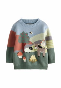 Sweter wykonany na drutach w pastelowych kolorach, zdobiony haftowanymi zwierzętami farmowymi, drzewami i grzybami. Okrągły dekolt, ściągacze przy mankietach i u dołu.