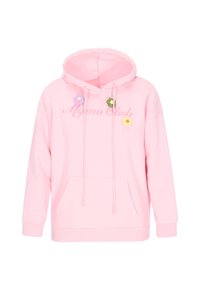 Sudadera con capucha rosa de tela suave, con el texto "Mymo Club" bordado y tres aplicaciones de flores coloridas. Incluye un bolsillo delantero y cordones ajustables.