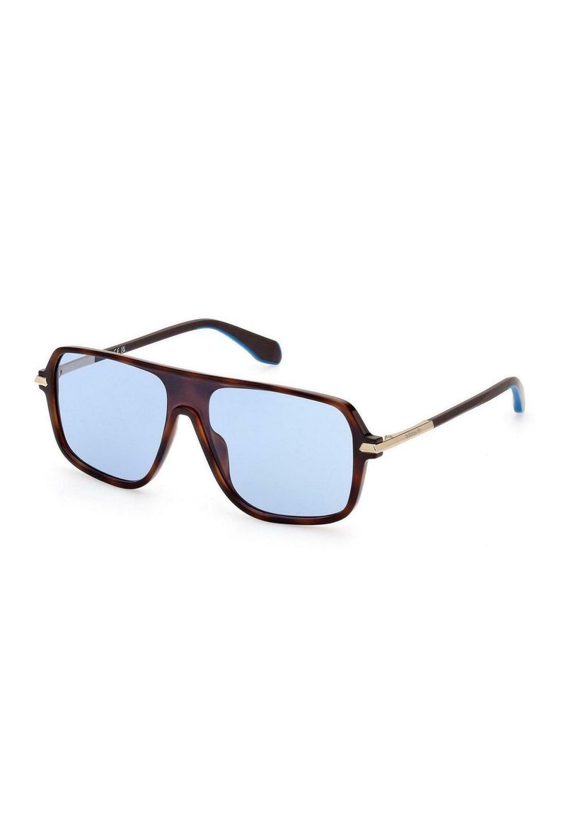 Occhiali da sole rettangolari marroni con lenti blu chiaro e sottili bracci scuri con punte blu su uno sfondo bianco.