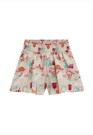 Vaikiški laisvo silueto šortai su elastinga juosmens juosta, su spalvingu abstrakčiu augalų ir geometrinių figūrų raštu ant kreminio fono.