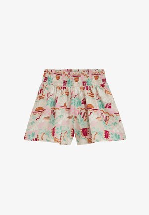 Shorts amples pour enfants avec taille élastique, avec un imprimé abstrait coloré de plantes et de formes géométriques sur fond crème.