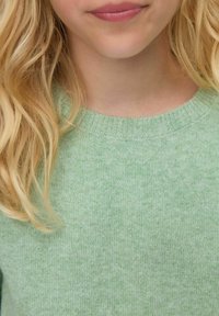 Hele roheline kudum, ümmarguse kaelusega, tekstuuriga kangas ja soonikkoes varrukad. Pehme, segatud lõng on nähtav pehmes mustris.