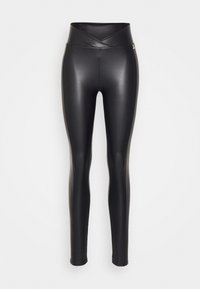 Czarne legginsy z wysokim stanem, wykonane z błyszczącego, elastycznego materiału o gładkiej fakturze, z krzyżującym się pasem w talii.