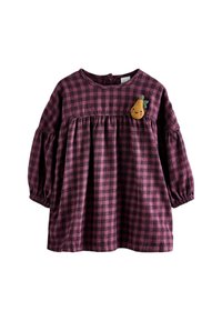 Robe pour enfant en bas âge à carreaux violets avec de longues manches bouffantes et une taille froncée, ornée d'un appliqué en forme de poire brodé sur la poitrine.