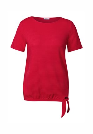 Top rosso a maniche corte con un motivo testurizzato, scollatura rotonda e dettagli con nodo laterale all'orlo per un look aderente.