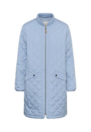 Veste matelassée bleu clair avec fermeture éclair à l'avant, col côtelé et deux poches latérales à pressions noires. Coupe mi-longue.