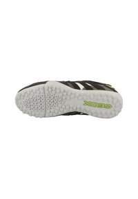 Sole di scarpa sportiva nera con punti di trazione bianchi e logo "GEOX" verde. Presenta tre strisce bianche e una superficie in gomma testurizzata.