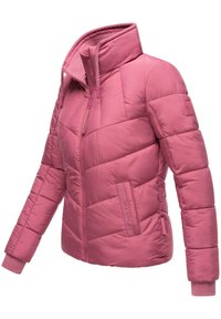 Pink padded jacket with a high collar, front zip closure, and ribbed cuffs. Features a quilted design and side pockets with decorative accents.