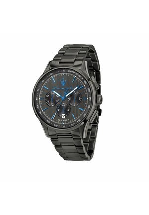Orologio da polso Maserati in acciaio inossidabile nero con lancette e indici blu, tre sottoquadranti, datario e lunetta tachimetrica.