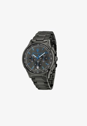Orologio da polso Maserati in acciaio inossidabile nero con lancette e indici blu, tre sottoquadranti, datario e lunetta tachimetrica.
