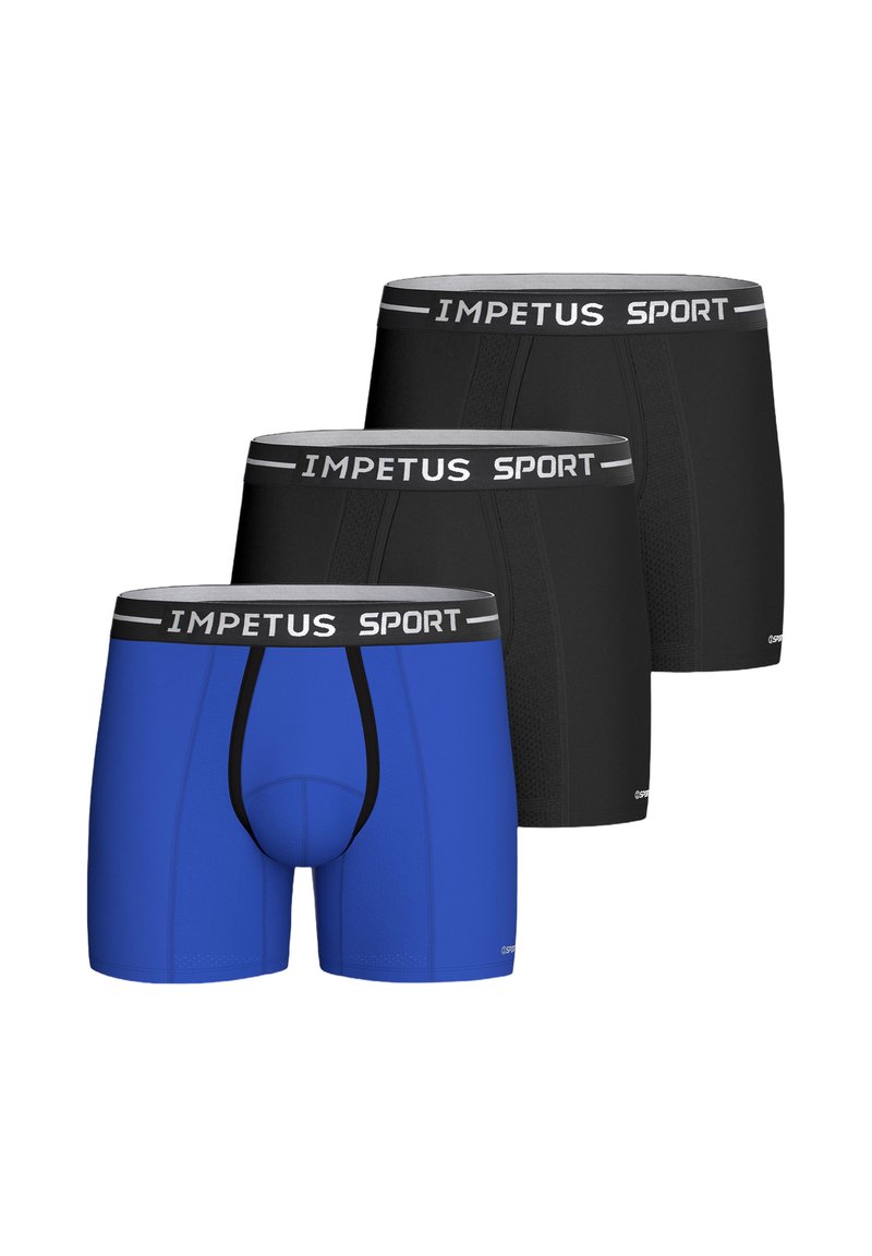 Drei Paare Männer-Sportboxershorts: eine blaue mit schwarzen Akzenten, zwei schwarze, alle mit elastischen Taillengürteln und "IMPETUS SPORT"-Logo.