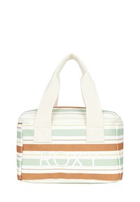 Pruhovaná taška cez rameno v zelených, béžových a hnedých farbách; vyrobená z látky s uzatváraním na zips; má krátke, pevné rukoväte; vyšívané "ROXY".