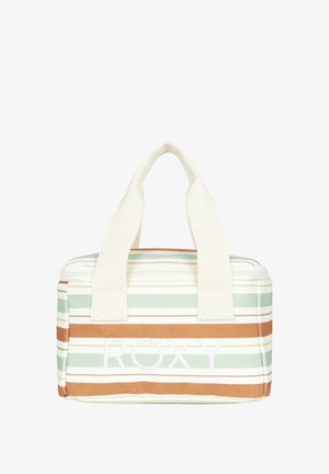 Gestreepte schoudertas in groen, beige en bruin; gemaakt van stof met een ritsluiting; heeft korte, stevige handvatten; met "ROXY" geborduurd.