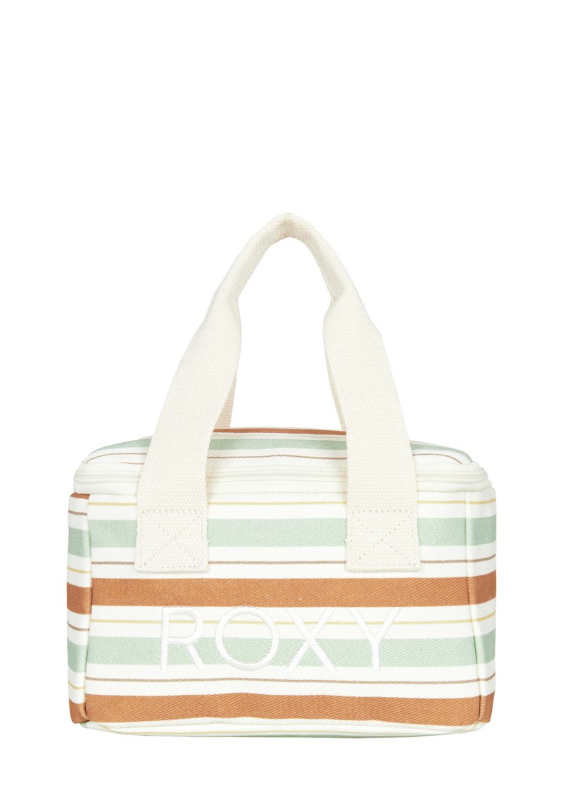 Pruhovaná taška cez rameno v zelených, béžových a hnedých farbách; vyrobená z látky s uzatváraním na zips; má krátke, pevné rukoväte; vyšívané "ROXY".