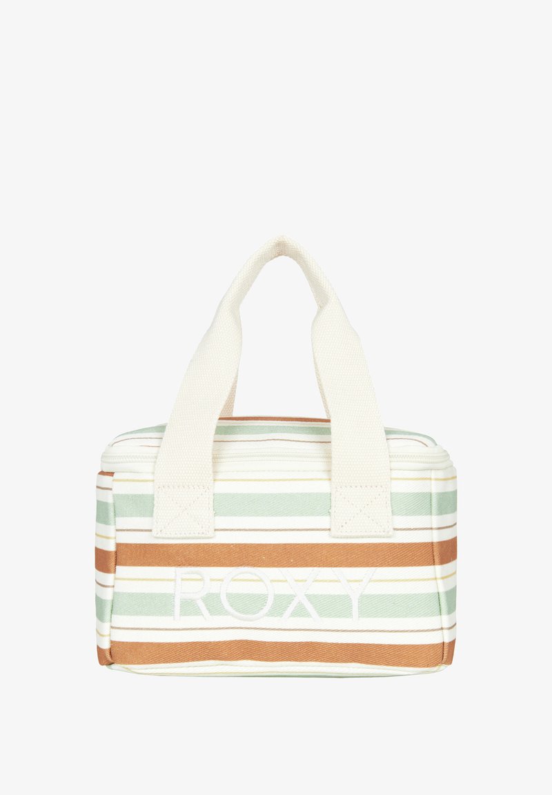 Pruhovaná taška cez rameno v zelených, béžových a hnedých farbách; vyrobená z látky s uzatváraním na zips; má krátke, pevné rukoväte; vyšívané "ROXY".