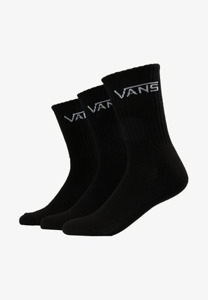 Calcetines de algodón negros de longitud media, con textura acanalada y el logo blanco de "VANS". Paquete de tres pares idénticos.