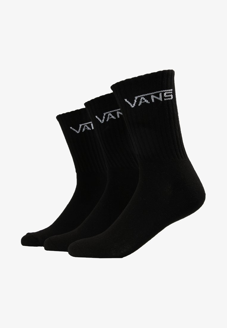 Calcetines de algodón negros de longitud media, con textura acanalada y el logo blanco de "VANS". Paquete de tres pares idénticos.