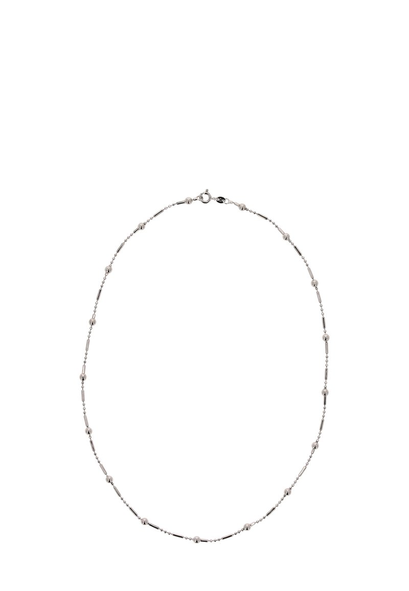 Srebrny naszyjnik z zamiennymi cylindrycznymi i kulistymi koralikami, z delikatnym łańcuchem i zapięciem na zaczep.