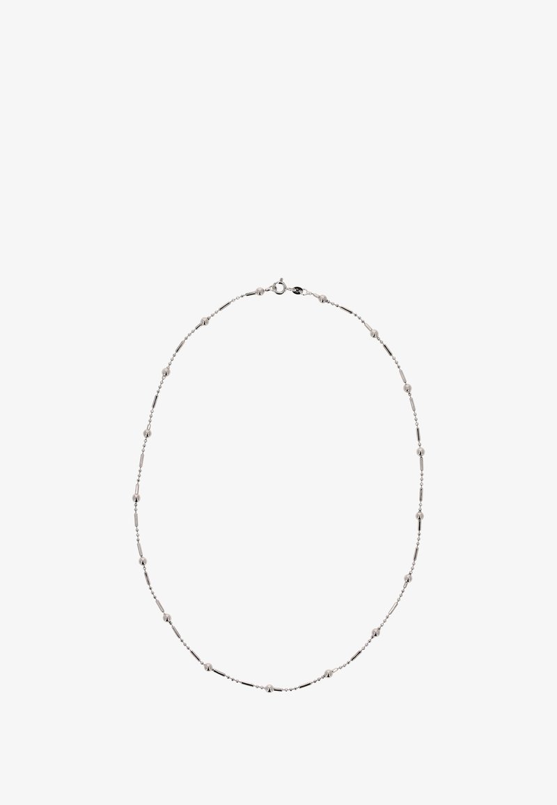 Srebrny naszyjnik z zamiennymi cylindrycznymi i kulistymi koralikami, z delikatnym łańcuchem i zapięciem na zaczep.
