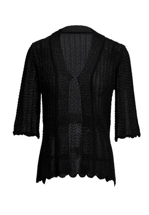 Schwarze Strickjacke mit kurzen Ärmeln, V-Ausschnitt, strukturiertem Muster und gewelltem Saum. Leicht, offenes Design.