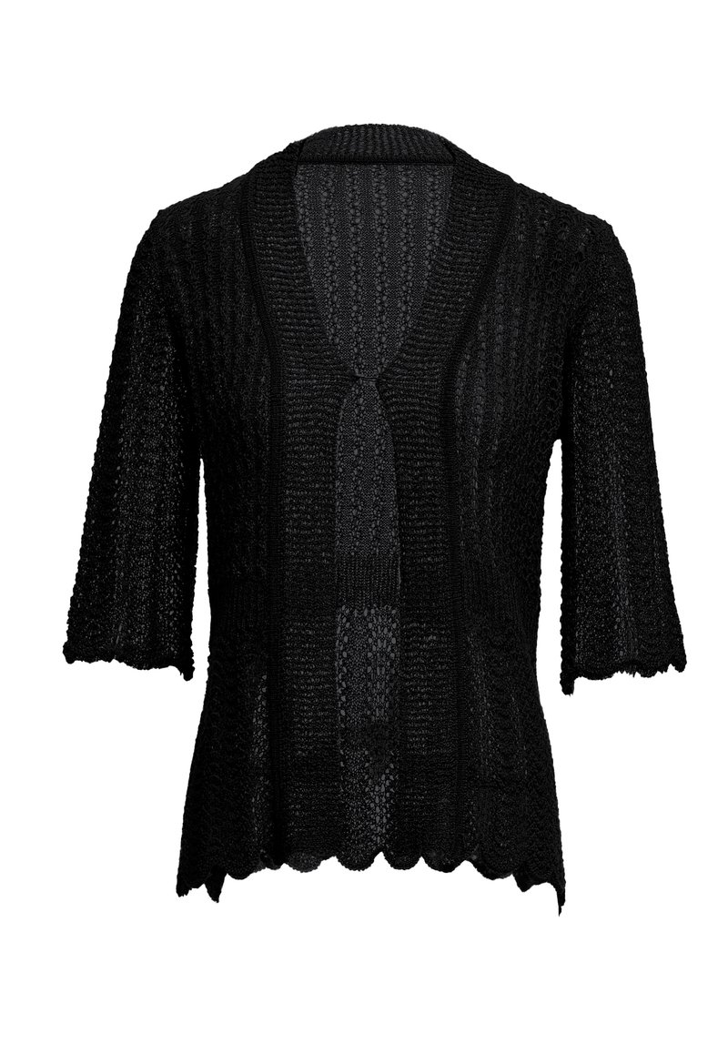 Cardigan nero a maglia con maniche corte, caratterizzato da scollatura a V, motivo testurizzato e orlo ondulato. Design leggero e aperto.