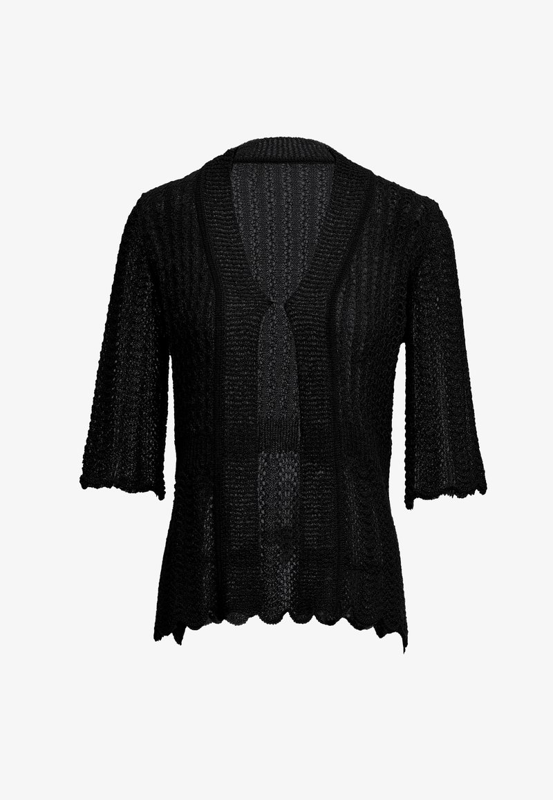Fekete kötött kardigán rövid ujjakkal, V-nyakkal, texturált mintázattal és himbos szegéllyel. Könnyű, nyitott kialakítású.