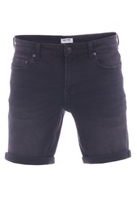 Pantalones cortos de mezclilla negra con dobladillos enrollados, diseño de cinco bolsillos y un logo bordado en la cinturilla. Textura suave y forma de corte recto.