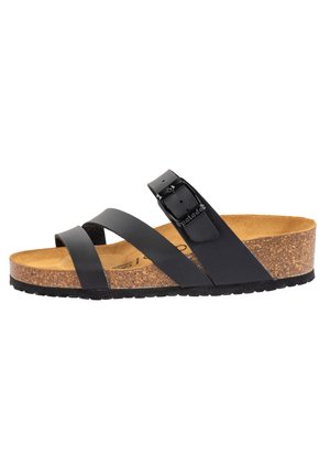 Sandalo in pelle nera con due cinturini superiori, fibbia regolabile e soletta in sughero. Caratterizzato da una suola in gomma nera texturizzata per una migliore aderenza.