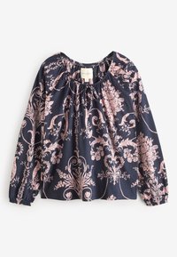 Navy blouse with long sleeves and elastic cuffs, featuring a pink floral damask pattern and a tie at the round neckline.