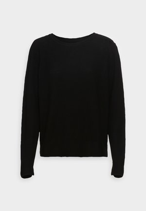 Pull noir à manches longues avec col rond et texture côtelée, présenté sur un fond clair uni.