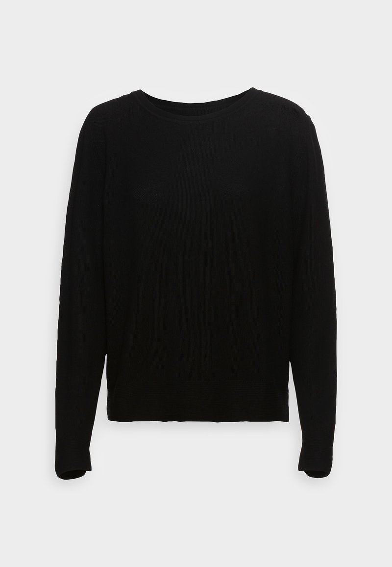 Pull noir à manches longues avec col rond et texture côtelée, présenté sur un fond clair uni.
