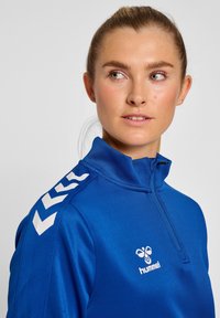 Blauwe quarter-zip sportjack gemaakt van een soepele stof. Heeft witte chevronaccenten op de schouders en een logo op de borst.