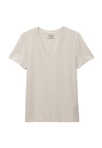 T-shirt beige clair en V avec des manches courtes, fabriqué en coton doux. Design simple, texture lisse, sans motifs ni accessoires visibles.