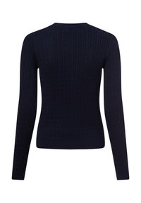 Marineblauer gerippter Pullover, lange Ärmel, runder Ausschnitt, strukturiertes Strickmuster, taillierte Form, mit einem glatten Bund und Bündchen.