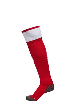 Long red and white sports sock with reinforced gray heel and toe areas, shown on a white background.