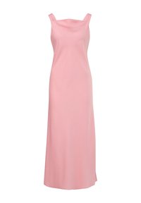 Długa różowa sukienka bez rękawów z kwadratowym dekoltem, cienkimi ramiączkami i gładkim, lekkim materiałem. Rozcięcie po boku dla swobody ruchów.