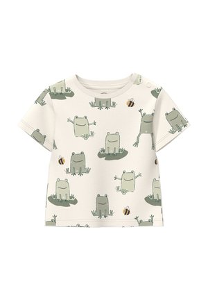 Kremowa koszulka dla malucha z krótkim rękawem, z zielonymi ilustracjami żaby i pszczoły oraz dwoma zatrzaskami na lewej ramieniu.