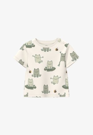 Korte mouwen crèmekleurig peutershirt met illustraties van een groene kikker en een bij, en twee drukknoopjes op de linkerschouder.