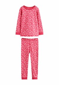Set de pijamale roz cu bluză cu mânecă lungă și pantaloni cu talie elastică. Prezintă un model floral alb pe un material jersey moale.