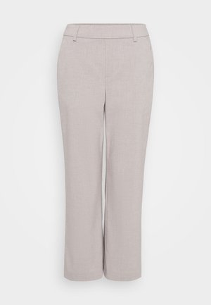 Pantalons larges gris clair, fabriqués à partir d'un tissu texturé. Présentent une taille mi-haute et des poches avant pour plus de fonctionnalité.